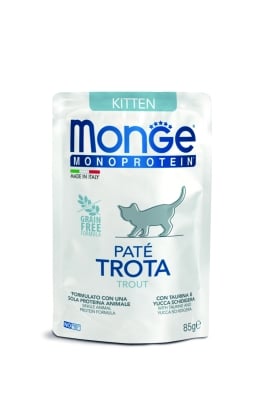 Monge Monoprotein Kitten - паучове за подрастващи котенца, моно-протениова рецепта с пъстърва, 28х85 г