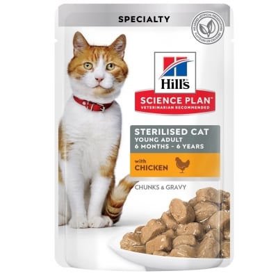 Hill's Science Plan Feline Young Adult Sterilised CHICKEN - паучове за кастрирани котки, малки късчета в сос Грейви с пилешко