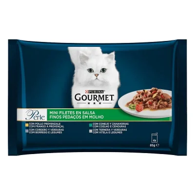 Purina Gourmet Pеrle - паучове за котки, мини филенца месо със зеленчуци, различни вкусове, 48x85 g