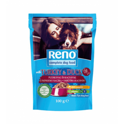 Reno Dog - пауч за кучета с патешко и пуешко в сос, 100 г