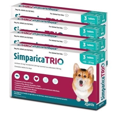 Simparica Trio | Симпарика Трио - противопаразитни дъвчащи таблетки за кучета, срещу вътрешни и външни паразити, цена за кутия с 3 таблетки
