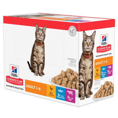 Hill's Science Plan Feline  Adult FAVOURITE SELECTION - паучове за котки, микс малки късчета в сос Грейви с океанска риба, телешко, пилешко, 12 х 85 г