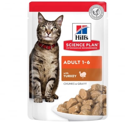 Hill's Science Plan Feline Adult TURKEY - паучове за котки, малки късчета в сос Грейви с пуешко, 12 х 85 г