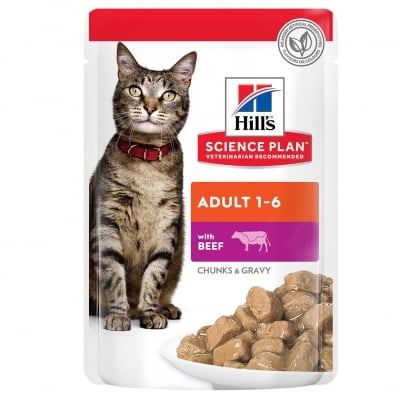 Hill's Science Plan Feline Adult BEEF- паучове за котки, малки късчета в сос Грейви с говеждо, 12 х 85 г