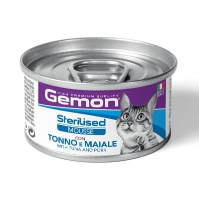 GEMON Sterilised Tuna&Pork – консервирана храна за кастрирани котки в зряла възраст, мус с риба тон и свинско, 24х85 г