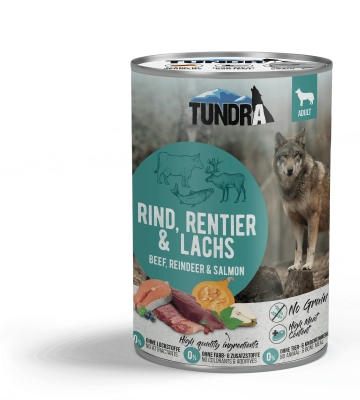 TUNDRA - консервирана храна за израснали кучета, вкус: говеждо, еленско и сьомга