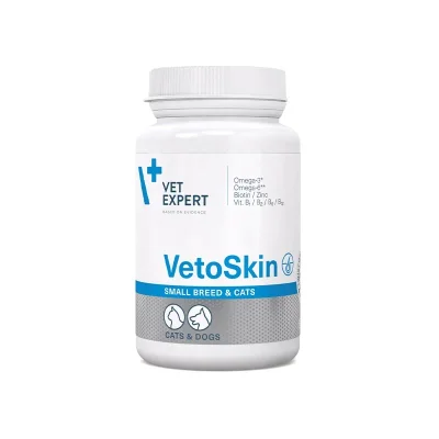 Vet Expert VetoSkin Small breed and cats - хранителна добавка за кучета от дребни породи и котки, за здрава кожа и лъскава козина, 60 капсули