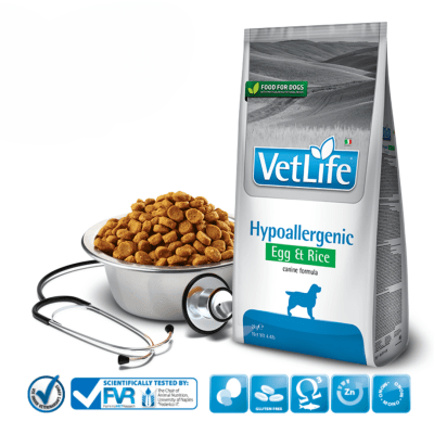 Vet Life Hypoallergenic EGG & RICE Canine - пълноценна хипоалергенна храна за кучета при хранителни алергии, яйца и ориз