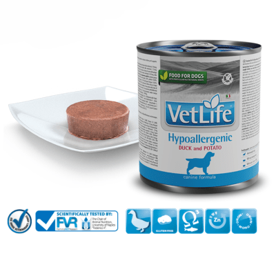 Vet Life Hypoallergenic Duck & Potato Canine - пълноценна хипоалергенна храна за кучета с хранителни алергии, патешко и сладък картоф, 12х300