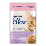 PURINA CAT CHOW SENSITIVE - паучове за котки над 1 г., при чувствителен стомах, със сьомга и тиква, 26х85 г