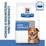 Hill's Prescription Diet Canine Derm Complete - лечебна суха храна за кучета с хранителни алергии и алергии от околната среда, с ориз и яйца, 12 кг