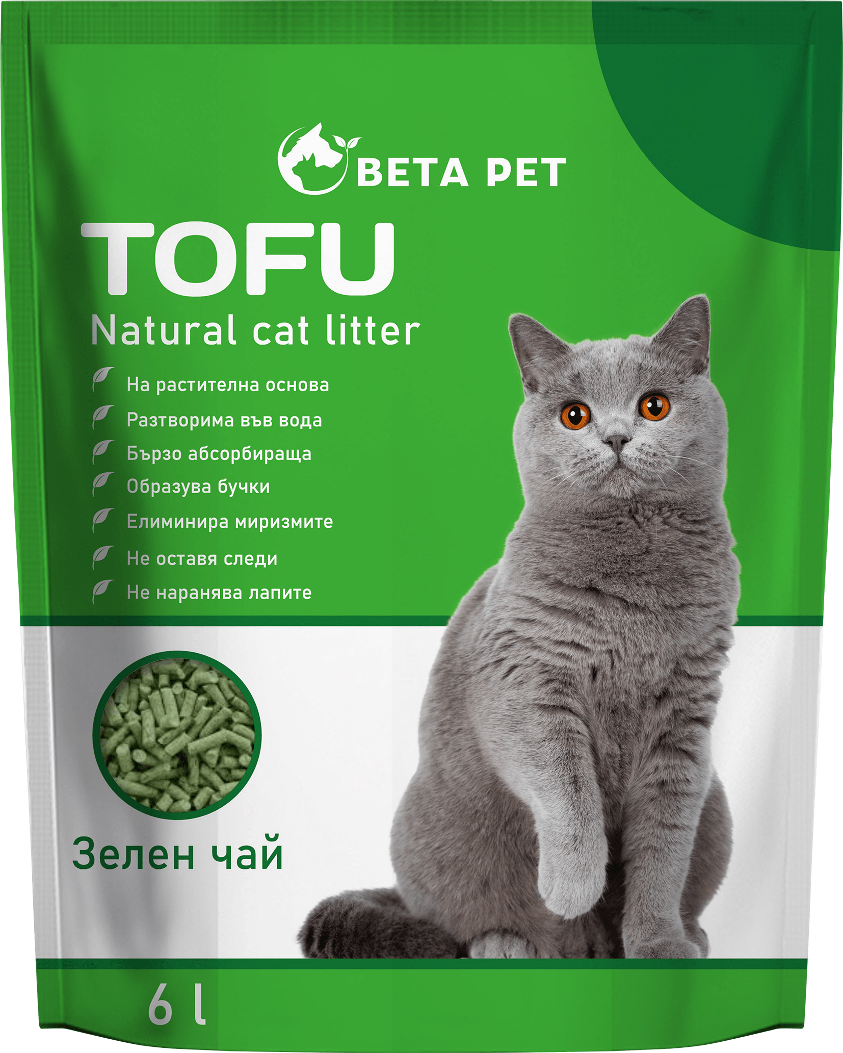 Beta Pet Tofu Биоразградима котешка тоалетна 6л , Зелен чай