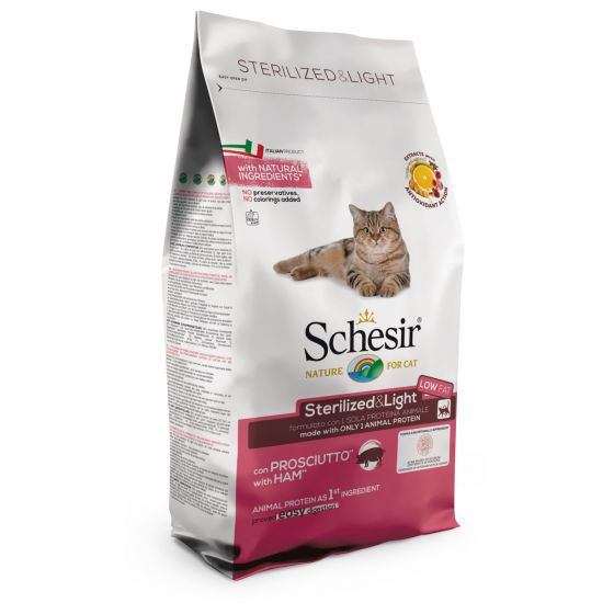 Schesir Sterilized&amp;Light Ham - суха храна за кастрирани котки, с прошуто и един източник на протеин