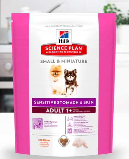 Храна за кучета HILLS Dog Adult Small&amp;Miniature Sensitive Stomach&amp;Skin за дребни и миниатюрни породи, 1.5 кг