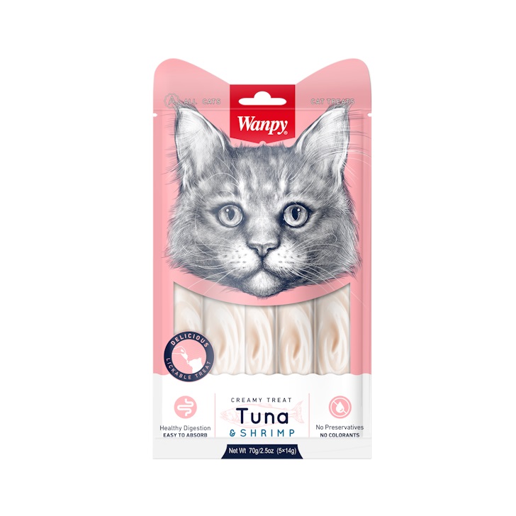 Wanpy Creamy Tuna &amp; Shrimps - кремообразно лакомство за котка, 5x14гр