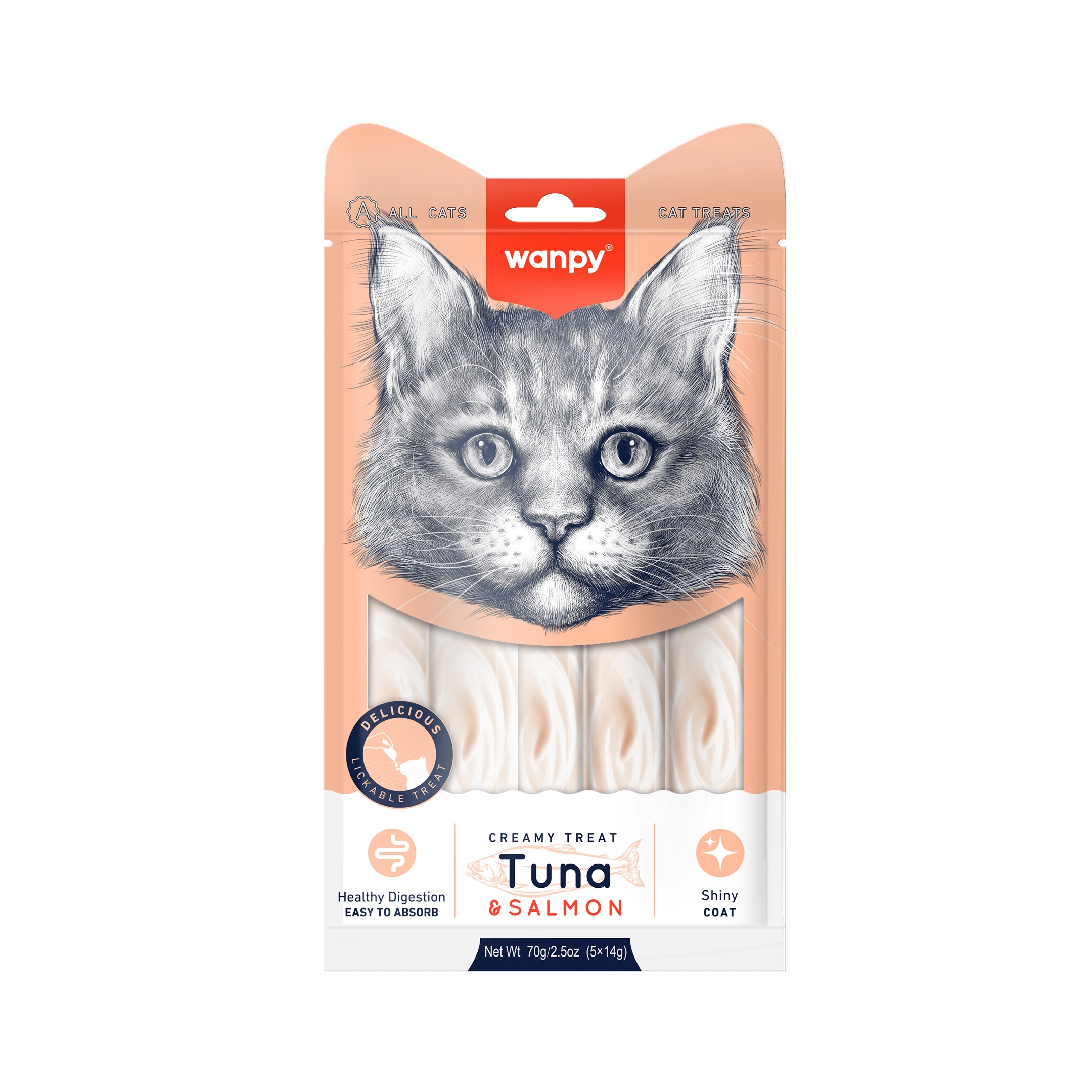 Wanpy Creamy Tuna &amp; Salmon 5 x 14гр - премиум клас кремообразно лакомство за котки с риба тон и сьомга