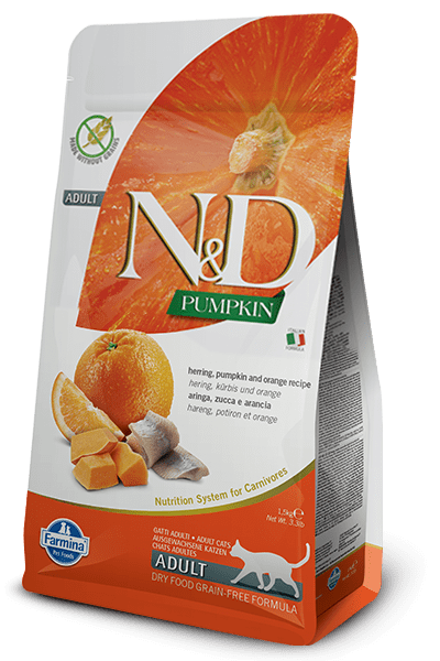 N&amp;D CAT PUMPKIN HERRING&amp;ORANGE ADULT &ndash; за котки над 1 г., с херинга, тиква и портокал, 300 г