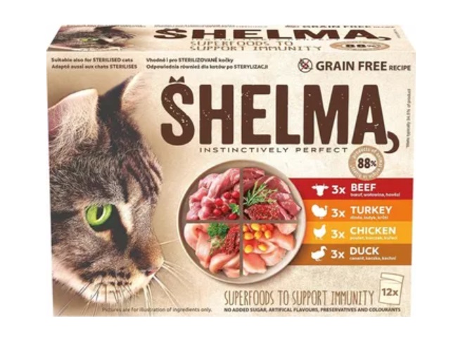 Паучове за котки Shelma - 4 вкуса месо, 12x85гр