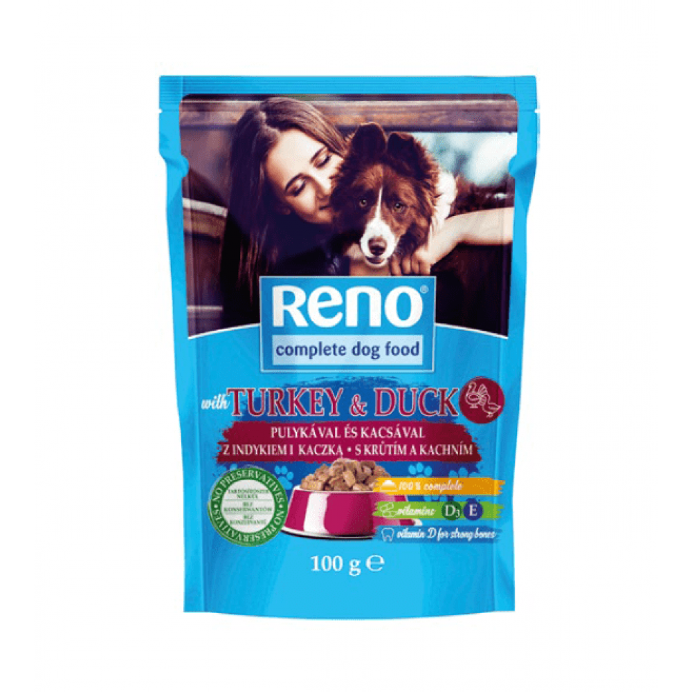 Reno Dog - пауч за кучета с патешко и пуешко в сос, 100гр